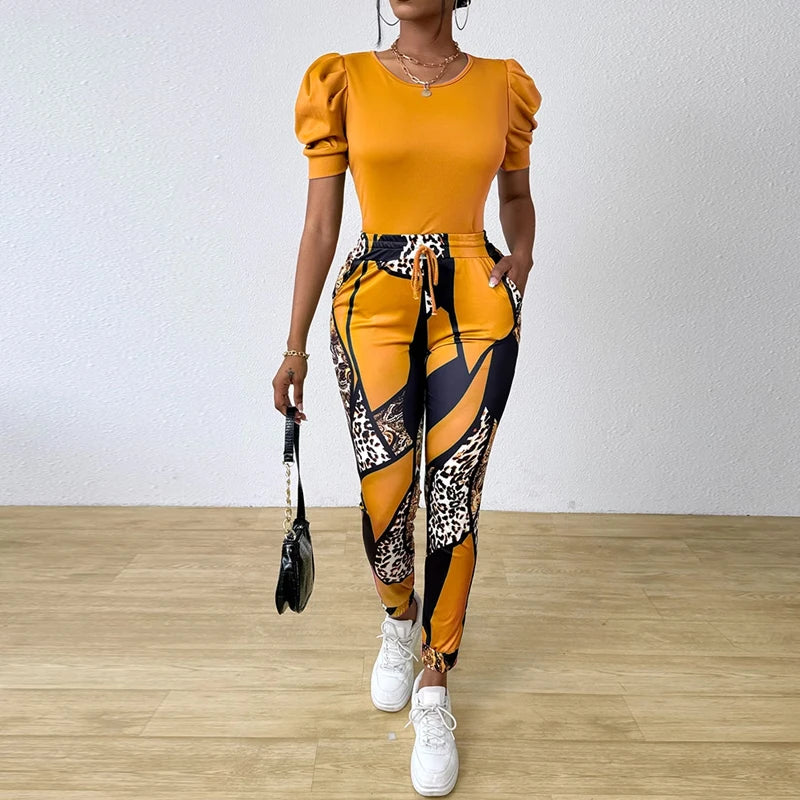 Summer Short-Sleeved T-Shirt and Leopard Print Pants