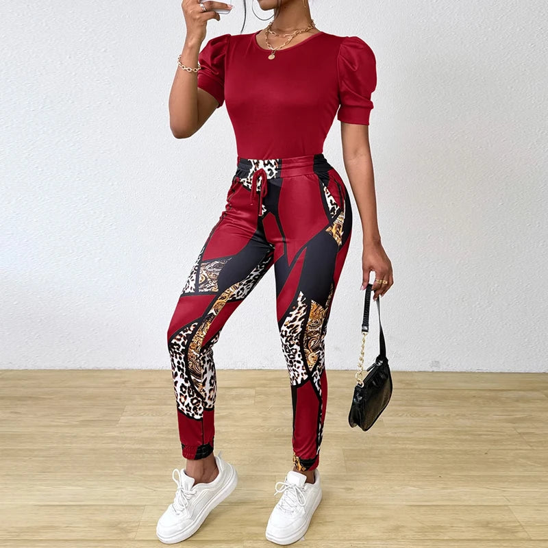Summer Short-Sleeved T-Shirt and Leopard Print Pants
