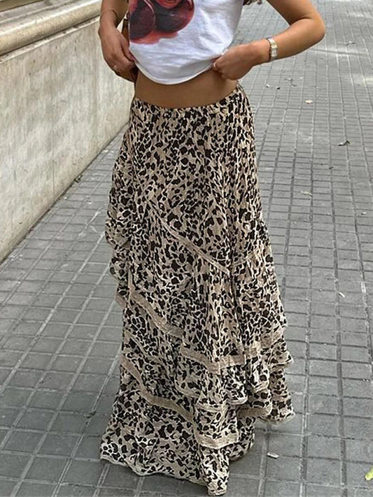 Leopard Print Ruffle Long Skirt