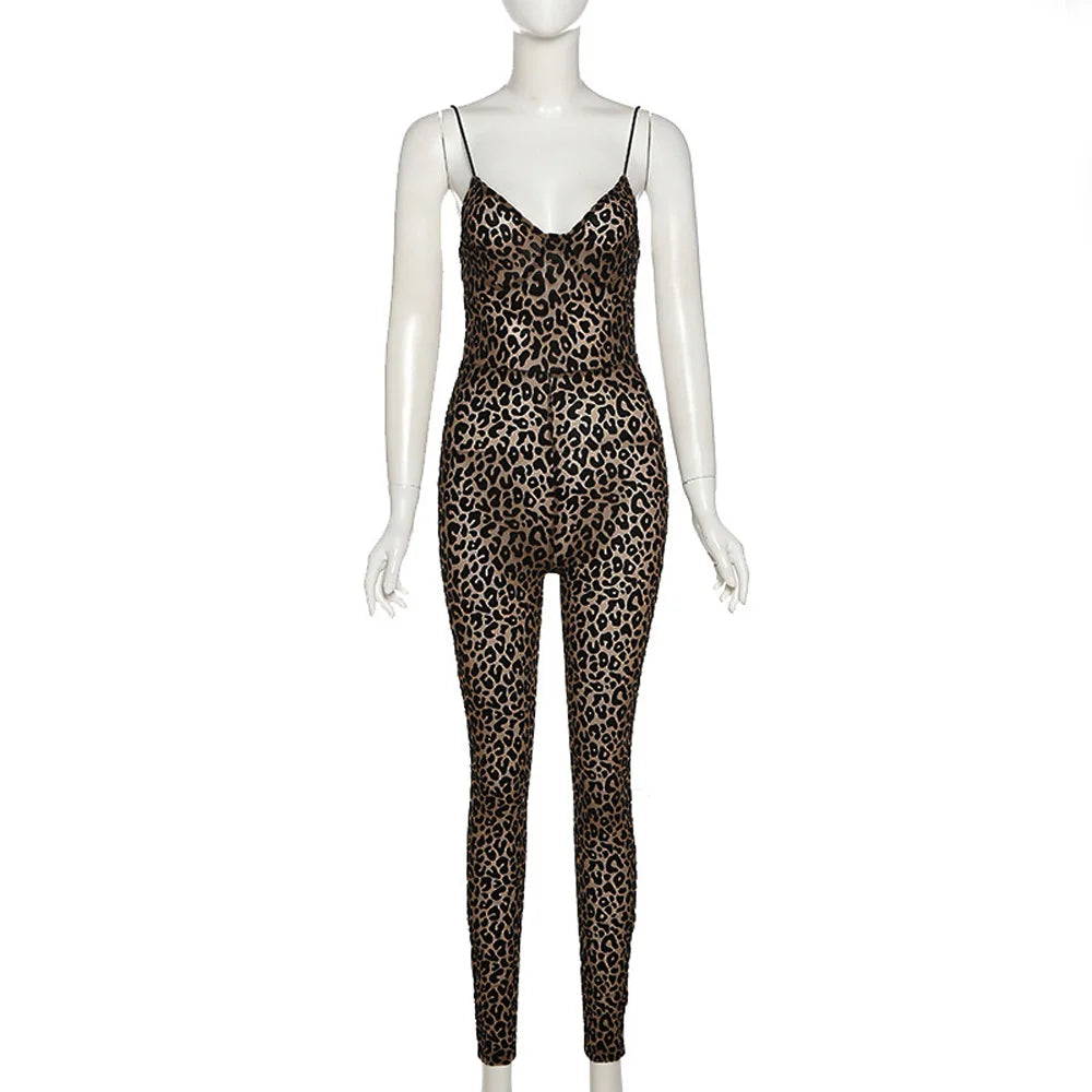 Leopard Print Backless Mesh Jumpsuit