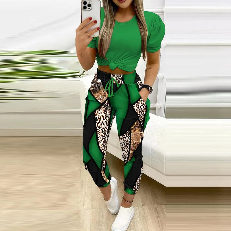 Summer Short-Sleeved T-Shirt and Leopard Print Pants