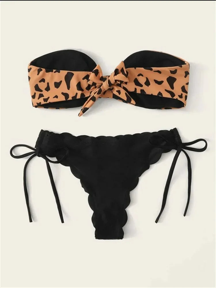 Strapless Leopard Print Ruffled Bow Swimsuit