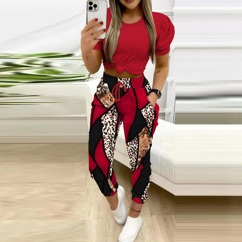 Summer Short-Sleeved T-Shirt and Leopard Print Pants