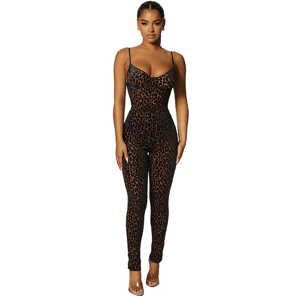 Leopard Print Backless Mesh Jumpsuit