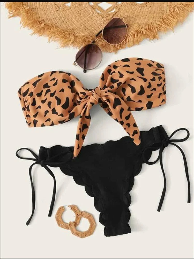 Strapless Leopard Print Ruffled Bow Swimsuit