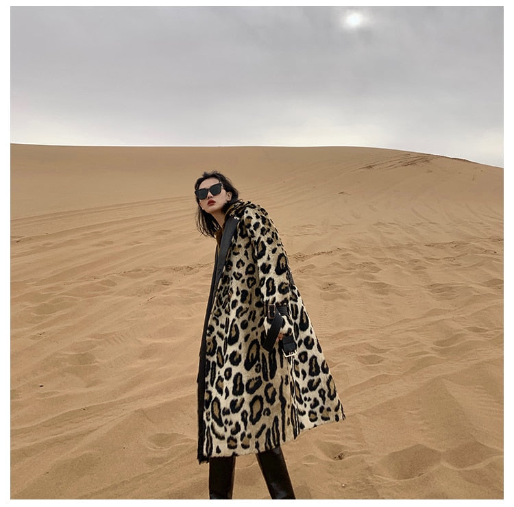 Winter Leopard Print Trench Coat