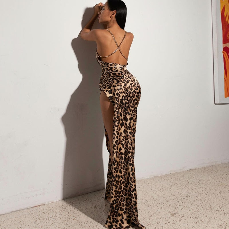 Leopard Print Chain Strap Backless Dress