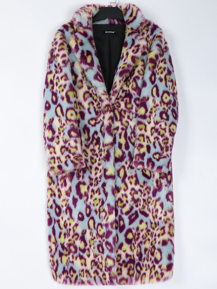 Multicolor Long Leopard Print Faux Fur Coat