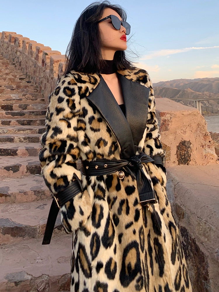 Winter Leopard Print Trench Coat
