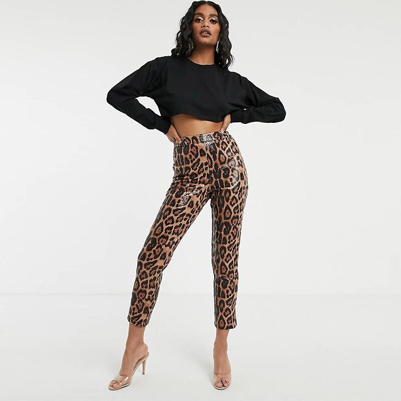Leopard Print Faux Leather Pencil Pants