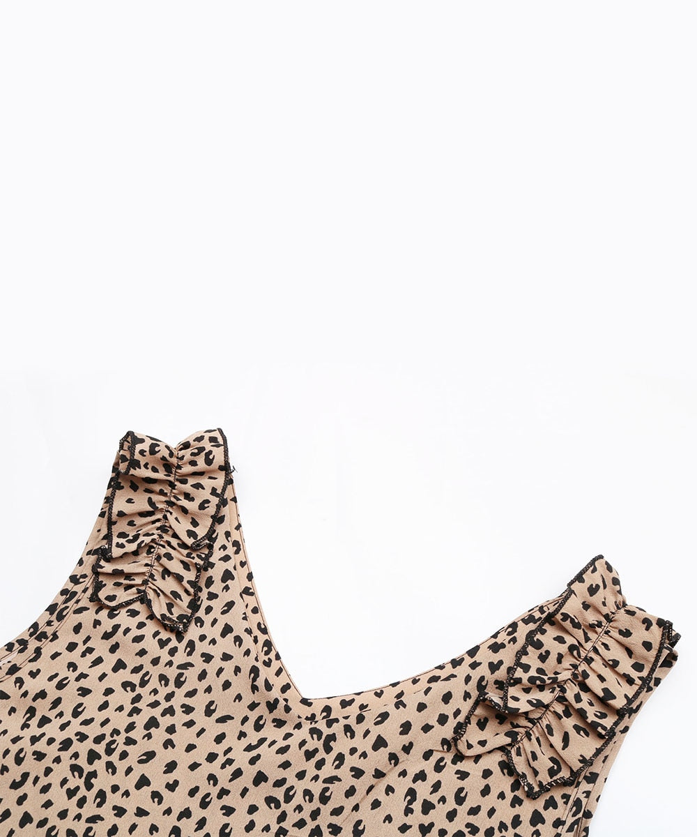 Leopard Print V-Neck Ruffle Trim Dress