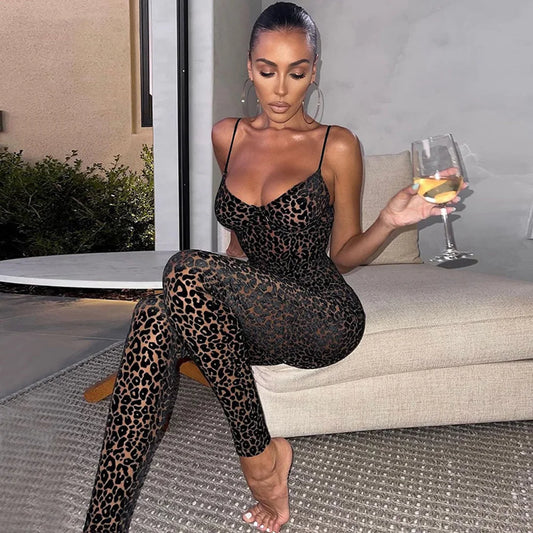 Leopard Print Backless Mesh Jumpsuit