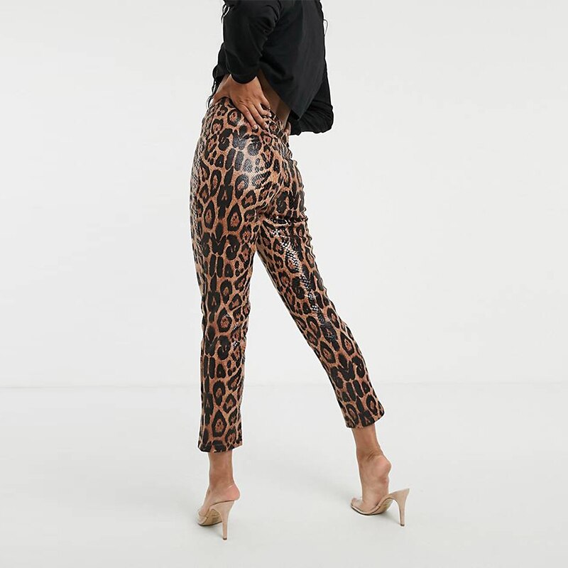 Leopard Print Faux Leather Pencil Pants