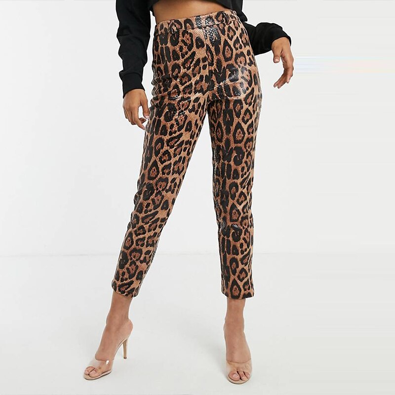 Leopard Print Faux Leather Pencil Pants